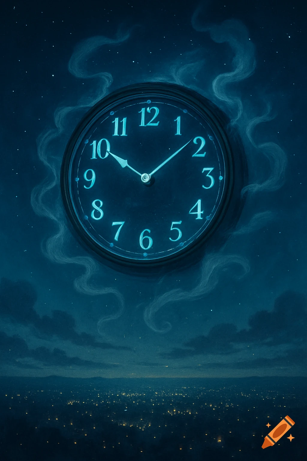 A glowing clock floats in a dark starry night sky over a city with many lights.