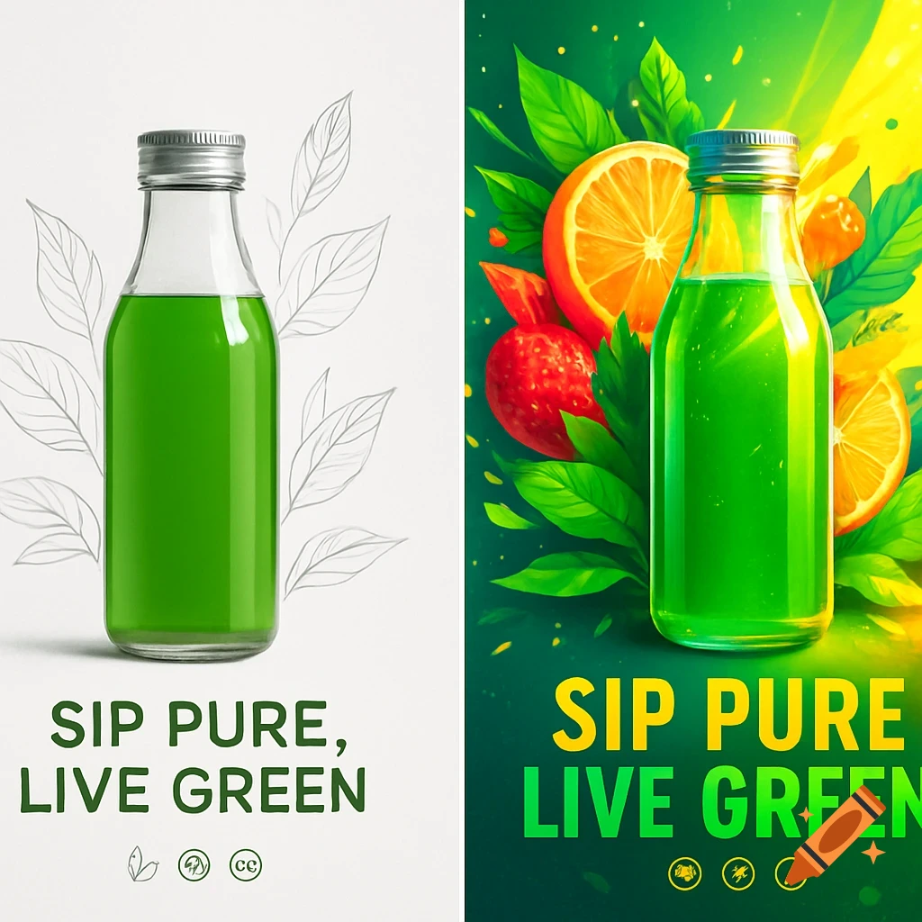 A split marketing poster for a green drink: left minimalist with line art, right vibrant with fruit and leaves. Both say 'SIP PURE, LIVE GREEN'.