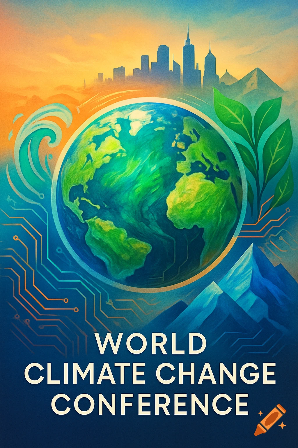 A stylized poster for the World Climate Change Conference featuring Earth, a city skyline, mountains, waves, leaves, and circuit patterns.