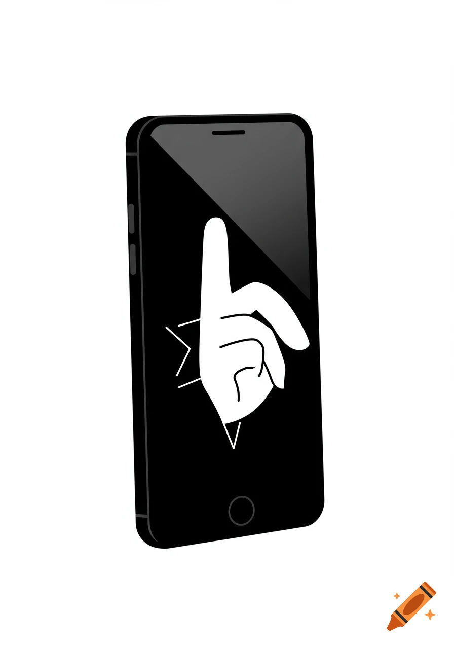 A stylized black smartphone showing a white hand passing through its screen, forming a check mark shape in a vector illustration.