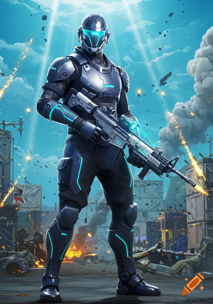 A futuristic soldier in black and teal armor stands holding a rifle in a destroyed urban battlefield under a blue sky.