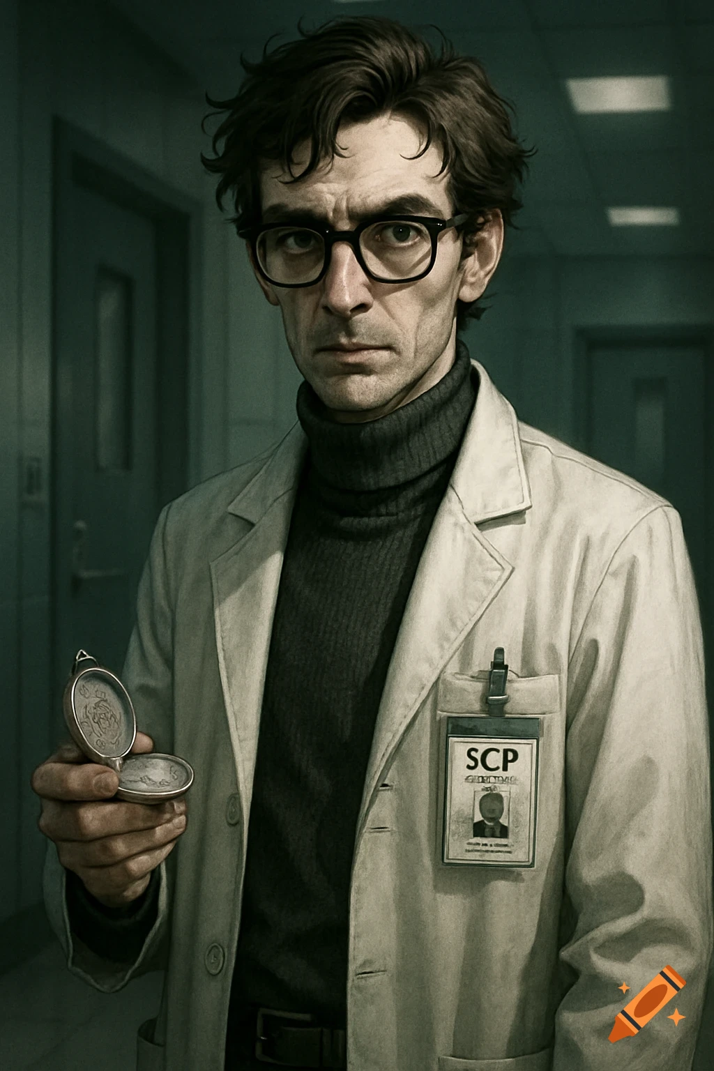 A man resembling a scientist, with dark, unkempt hair and glasses, wears a lab coat over a turtleneck, holding an open silver pocket watch. He has an 'SCP' badge on his pocket.