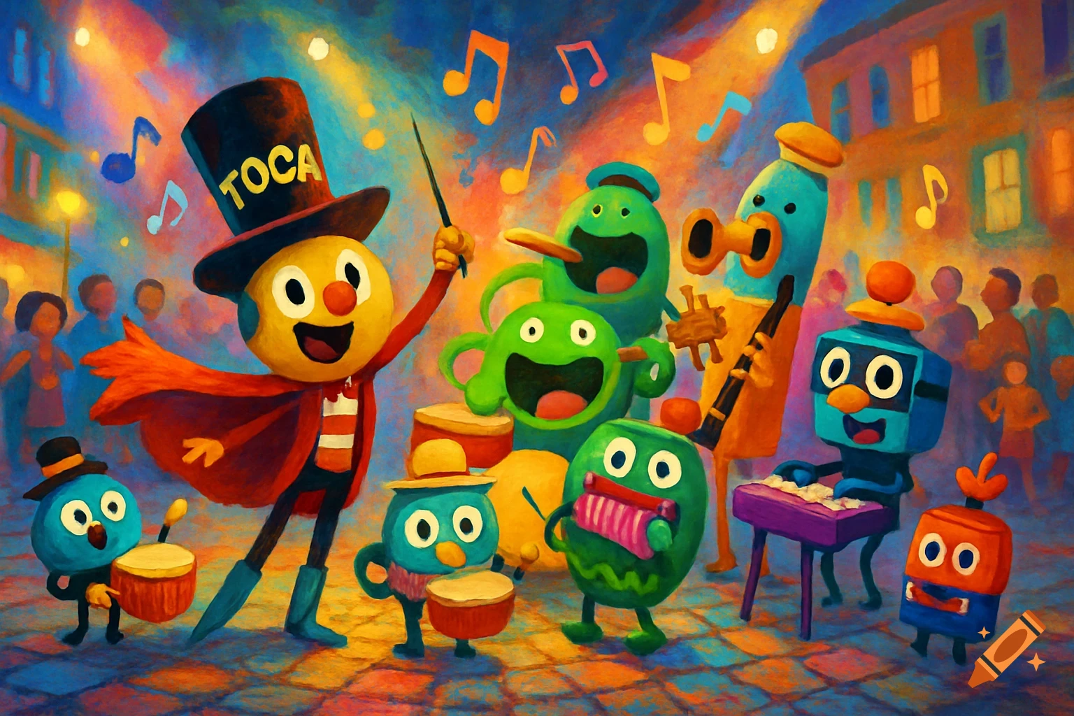 A vibrant, painterly illustration of whimsical cartoon characters playing musical instruments in a street band at night.