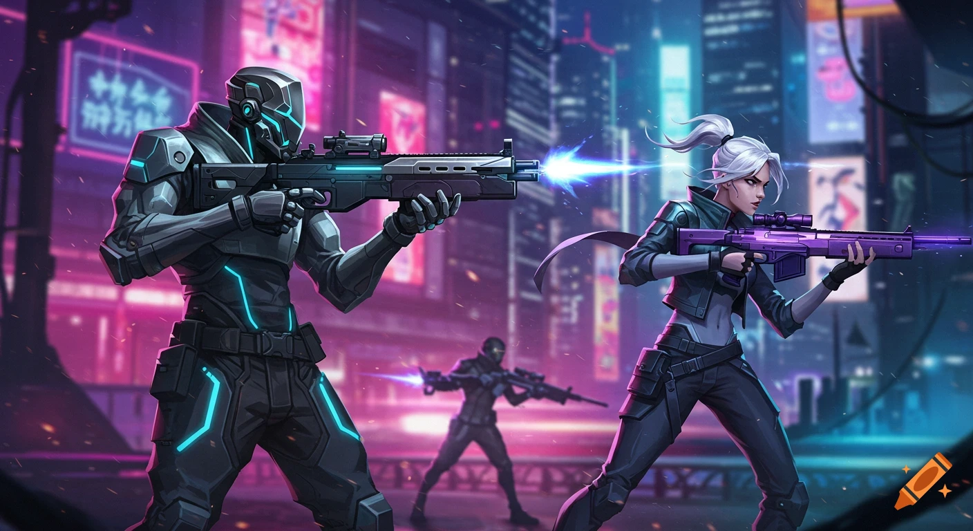 Two futuristic soldiers, one in armor and one woman, with glowing weapons in a neon cyberpunk city.