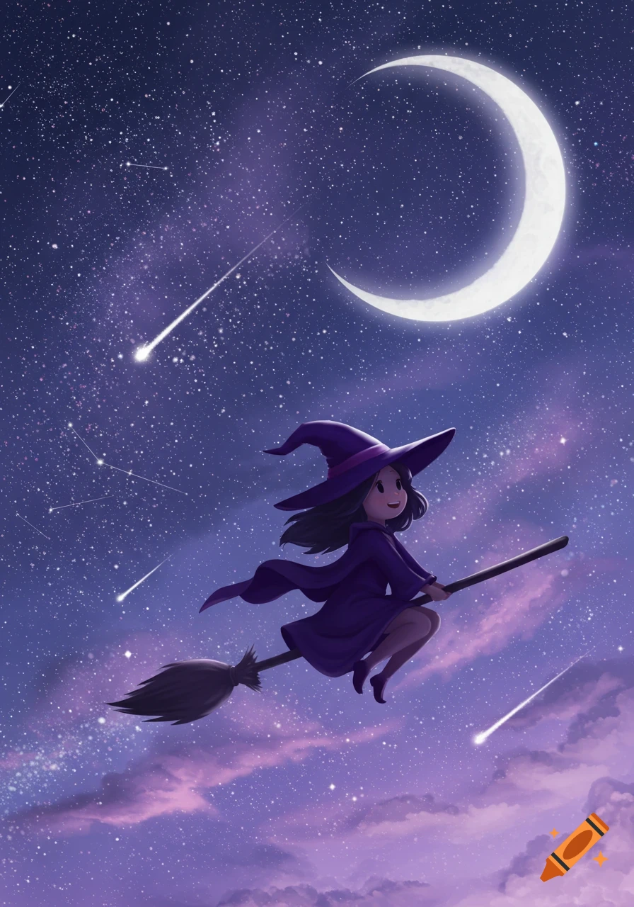 A cute anime witch flies on a broomstick through a purple starry night sky with a crescent moon and shooting stars.
