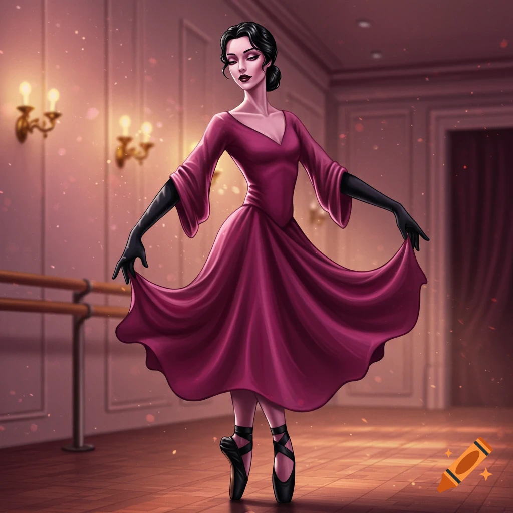 A dark-haired woman in a magenta dress and black ballet shoes poses en pointe in a softly lit ballet studio.