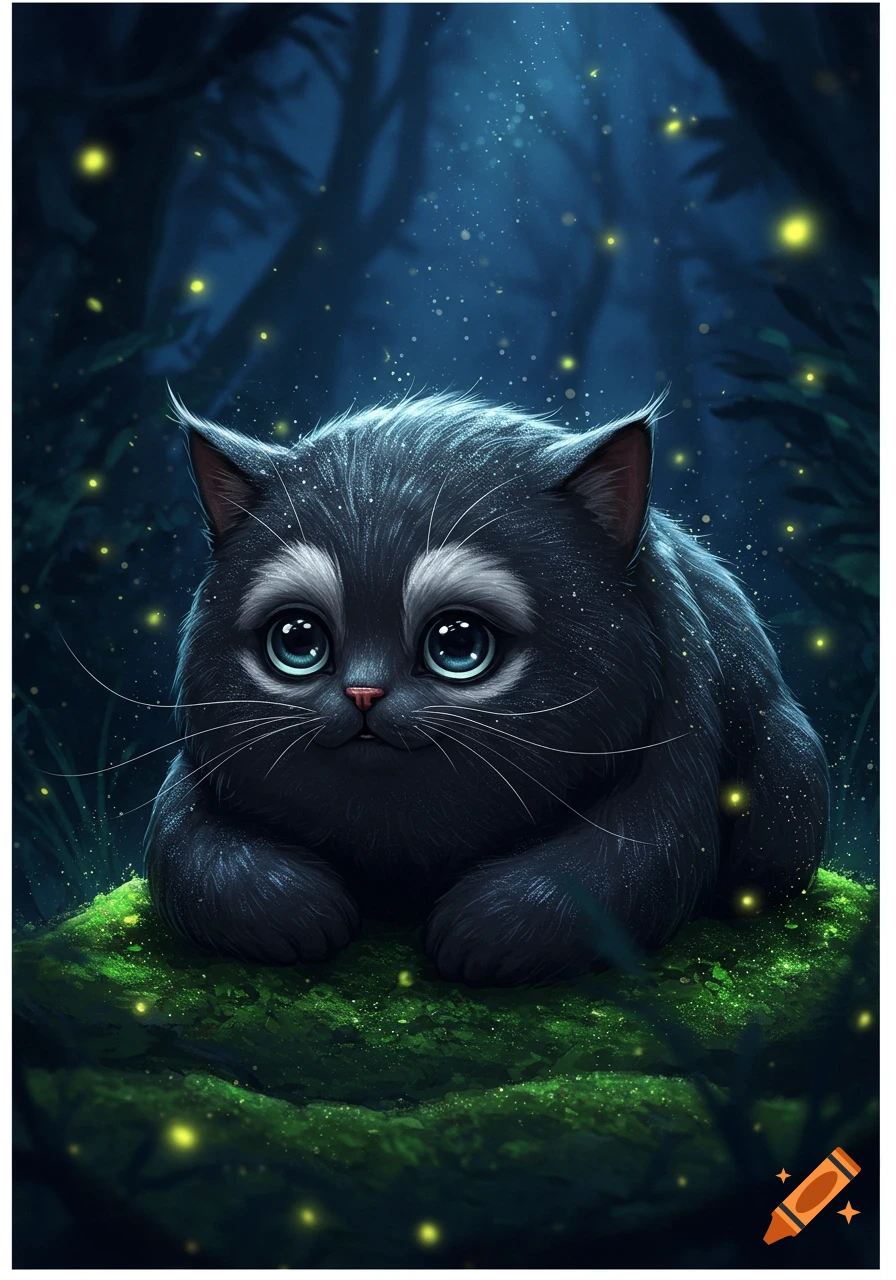 A cute, plump, dark cat-like creature with large blue eyes rests on a mossy log in a magical, glowing forest.