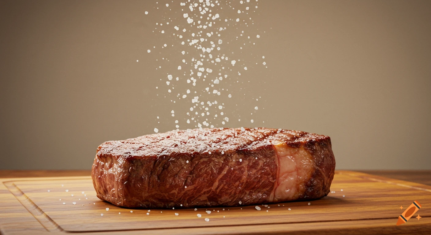 Hyper realistic photo of a juicy, seared steak on a wooden cutting board, with coarse salt falling onto it.