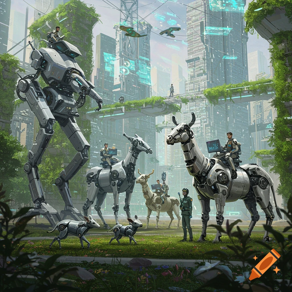 A futuristic city with overgrown buildings is populated by people riding robotic animals and a giant walking robot, with two small robot dogs in the foreground.