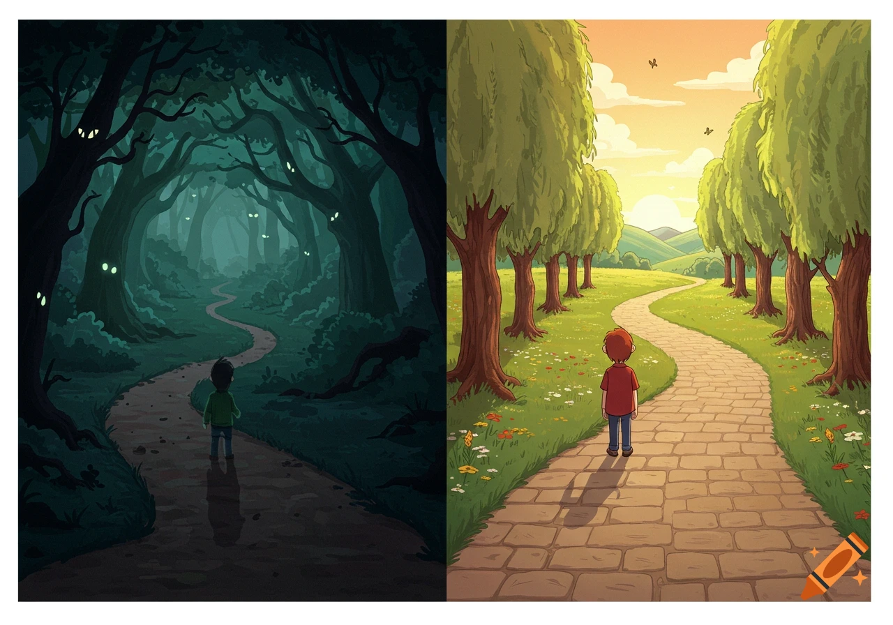 A cartoon illustration of a child standing at a path fork, one path leading into a dark, spooky forest with glowing eyes, the other into a bright, serene park.