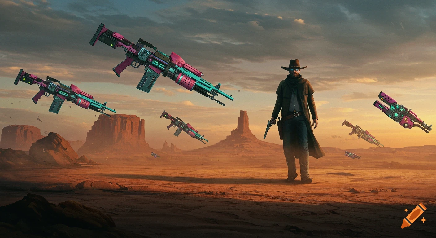 A mysterious cowboy outlaw stands in a dramatic western desert as brightly colored, futuristic sci-fi weapons float around him.