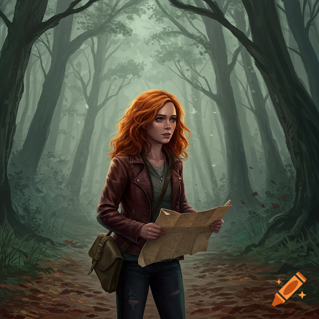 A red-haired woman in a leather jacket, holding a map, stands on a misty forest path. Digital art.