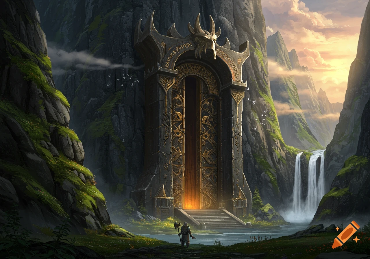 A lone adventurer stands before a colossal, ornate dwarven door built into a lush mountain valley with a waterfall at sunset, fantasy art.
