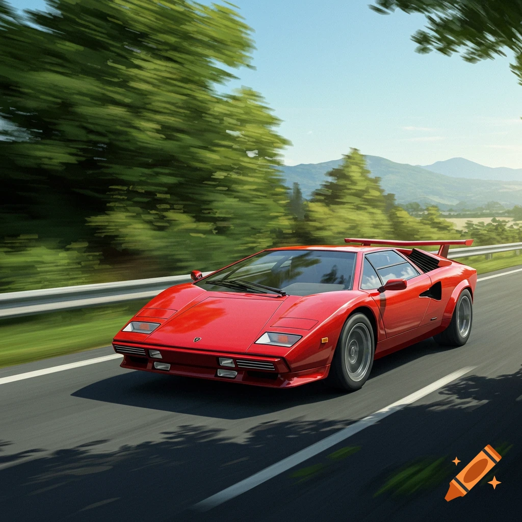 A red Lamborghini Countach speeds along a winding road through a lush green landscape with mountains in the background.