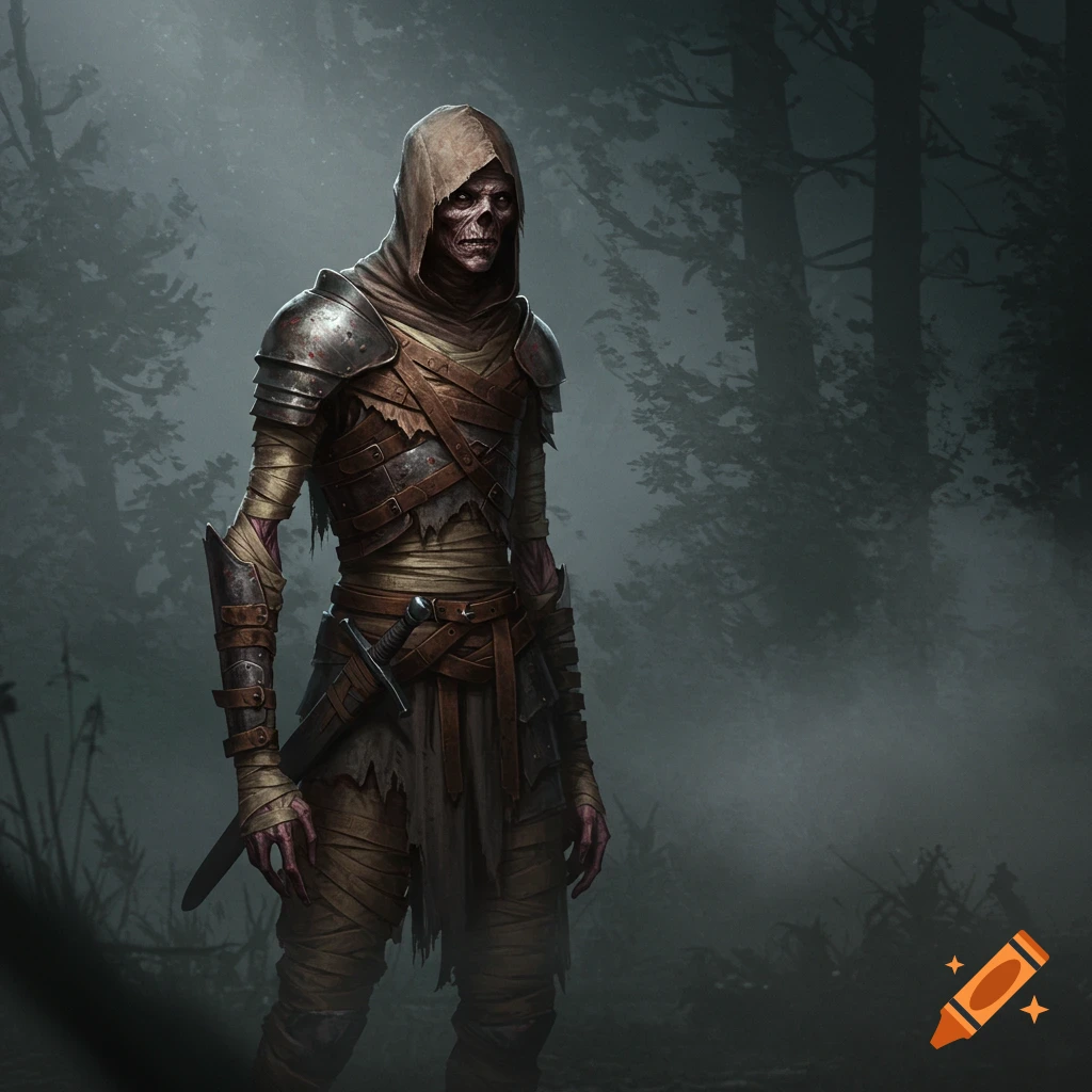 A gaunt, hooded undead warrior in tattered leather armor stands in a misty, dark forest.