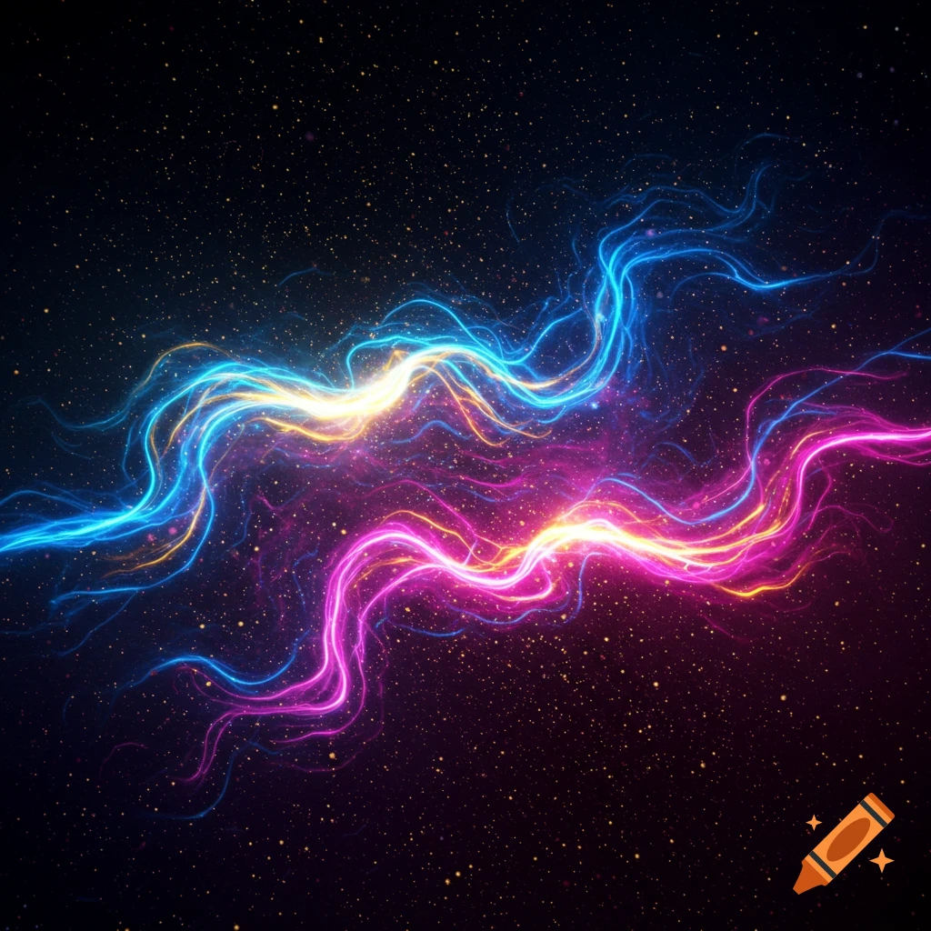 Abstract wavy glowing blue, yellow, and pink light trails across a dark, starry cosmic background.