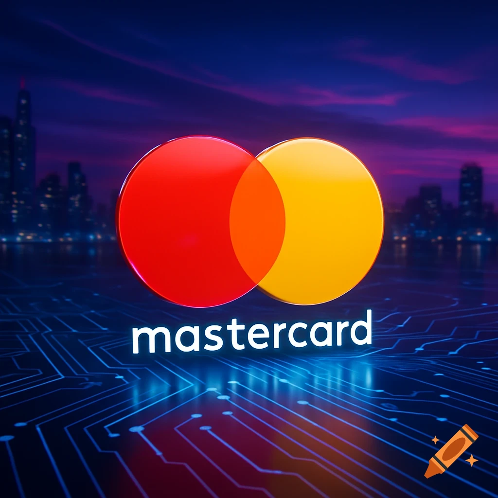 Mastercard logo with red and orange overlapping circles, text, a glowing circuit board pattern, and a city skyline at dusk.