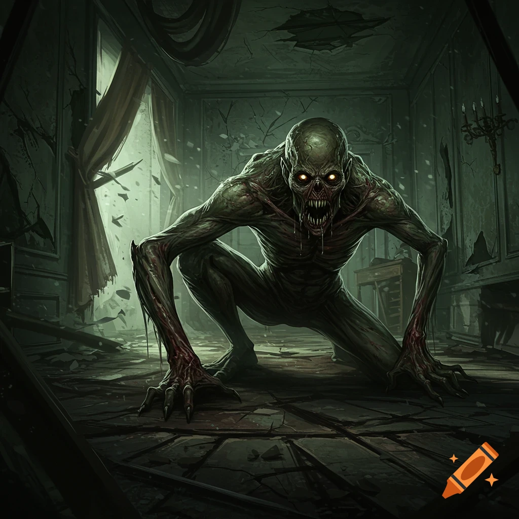 A terrifying, gaunt green monster with glowing eyes and sharp teeth crouches in a derelict, dark room, in a horror art style.