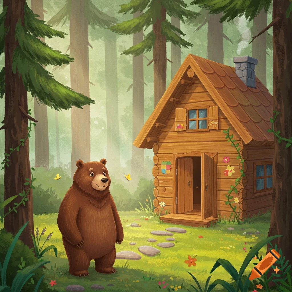 A cute cartoon bear stands in a vibrant green forest clearing with butterflies, in front of a rustic log cabin, in a children's illustration style.