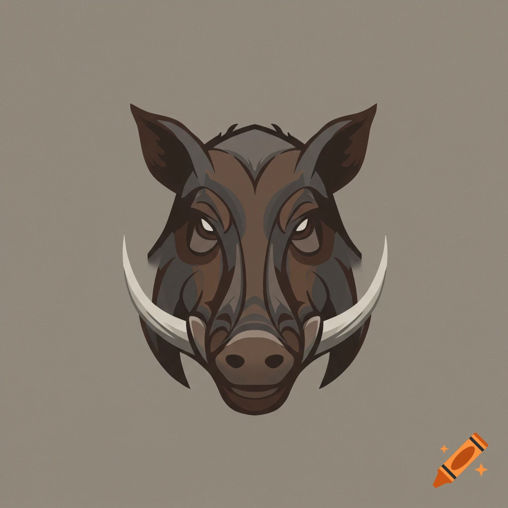 A stylized, minimalist illustration of a brown boar head with large tusks, against a plain gray background.