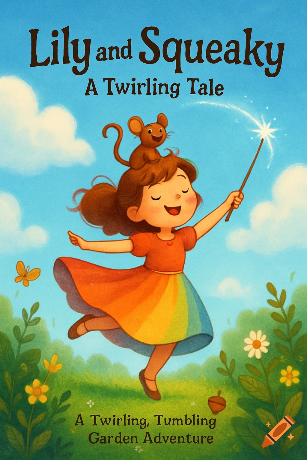 A cheerful cartoon girl with a mouse on her head twirls a magic wand in a vibrant garden, as a book cover.
