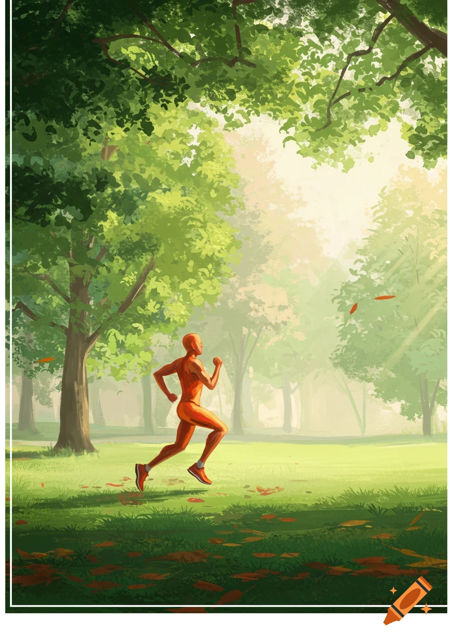 An orange stylized figure runs through a sunny park with green trees and dappled light, in an illustration.