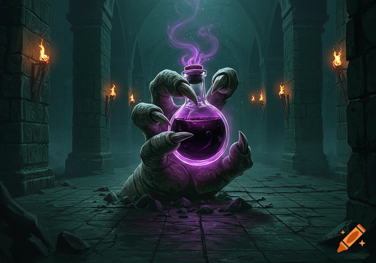 A monstrous stone claw emerges from a dark dungeon floor, holding a glowing purple potion in this fantasy art style.