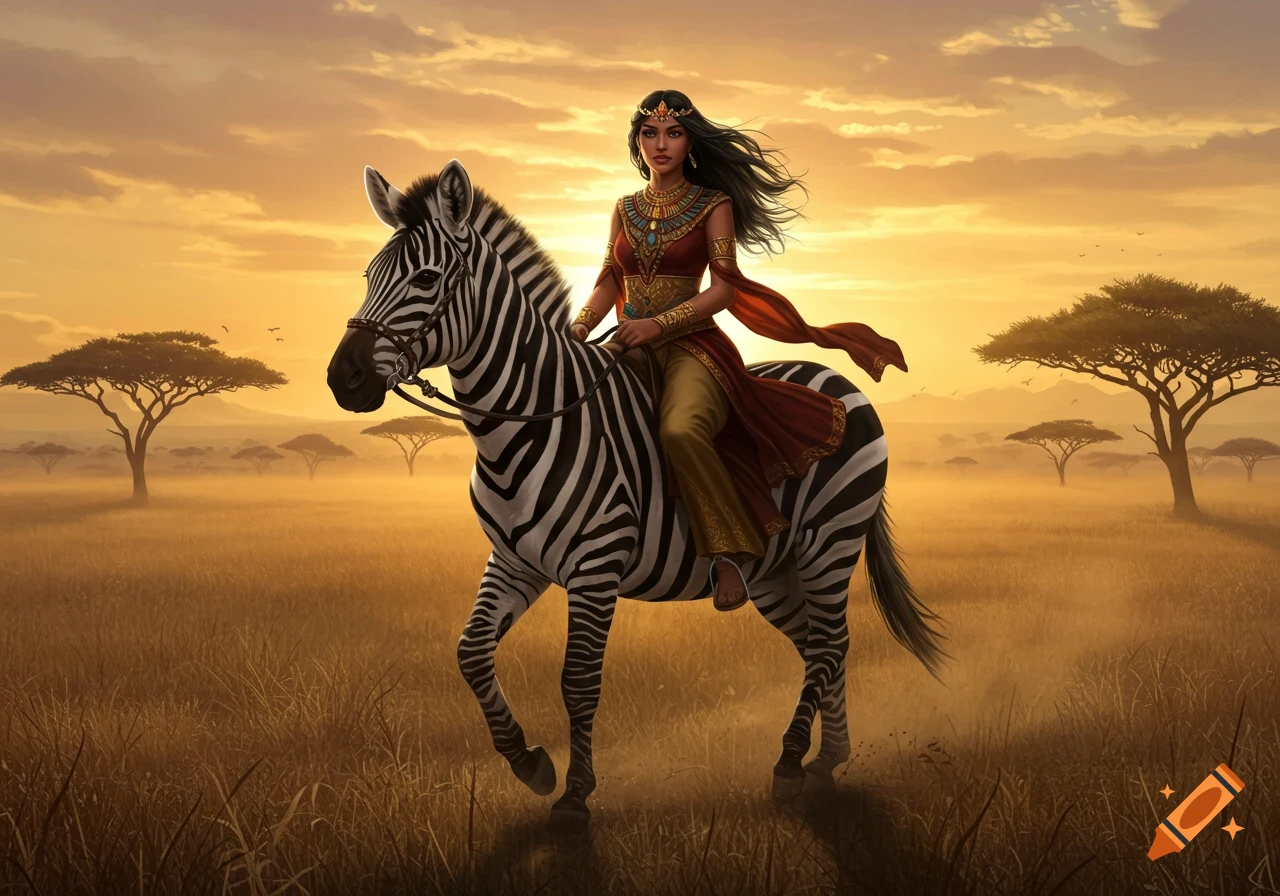 A regal woman in ornate attire rides a zebra through a golden savanna at sunset, with acacia trees in the background.