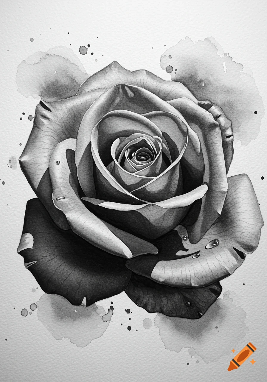 A detailed black and white watercolor painting of a rose with water droplets on its petals and watercolor splatters on a white background.