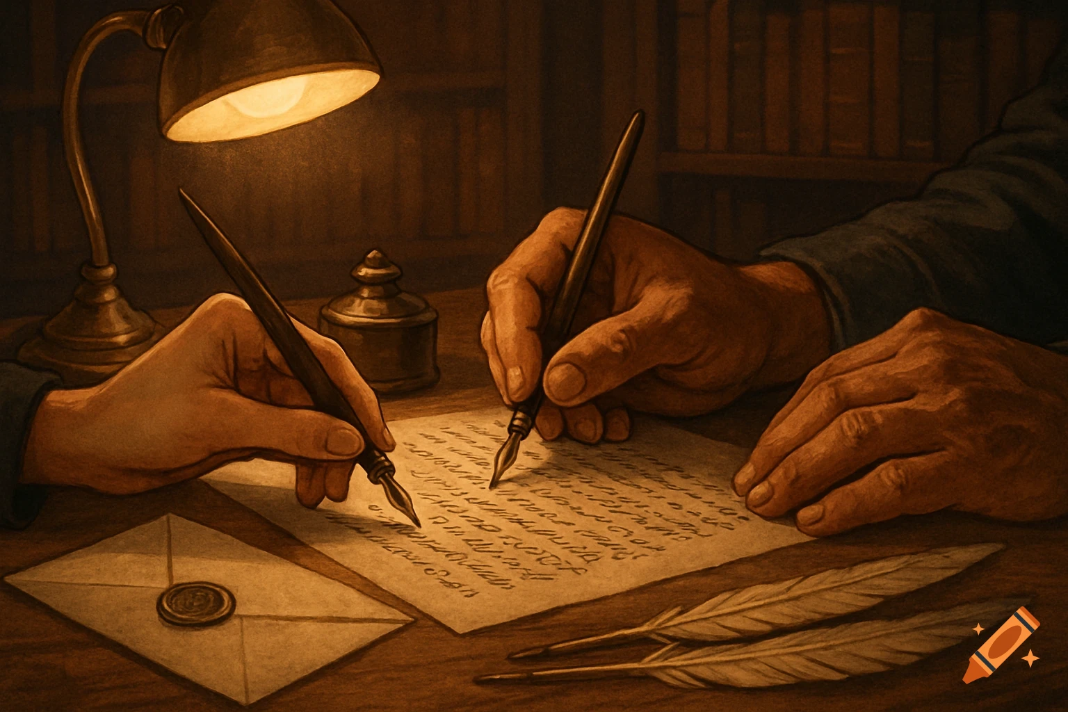 Close-up, vintage illustration of two hands writing with quill pens on paper under a desk lamp. Inkwell, envelope, feathers on desk.