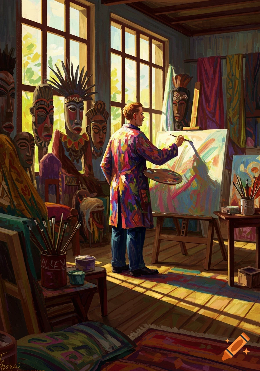 Painter in colorful smock works on a canvas in a sunlit art studio filled with tribal masks and textiles, expressionistic style.