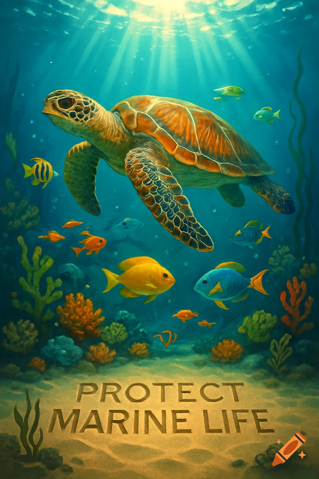 A colorful illustration of a sea turtle and fish swimming above coral, with 'PROTECT MARINE LIFE' written in the sand.