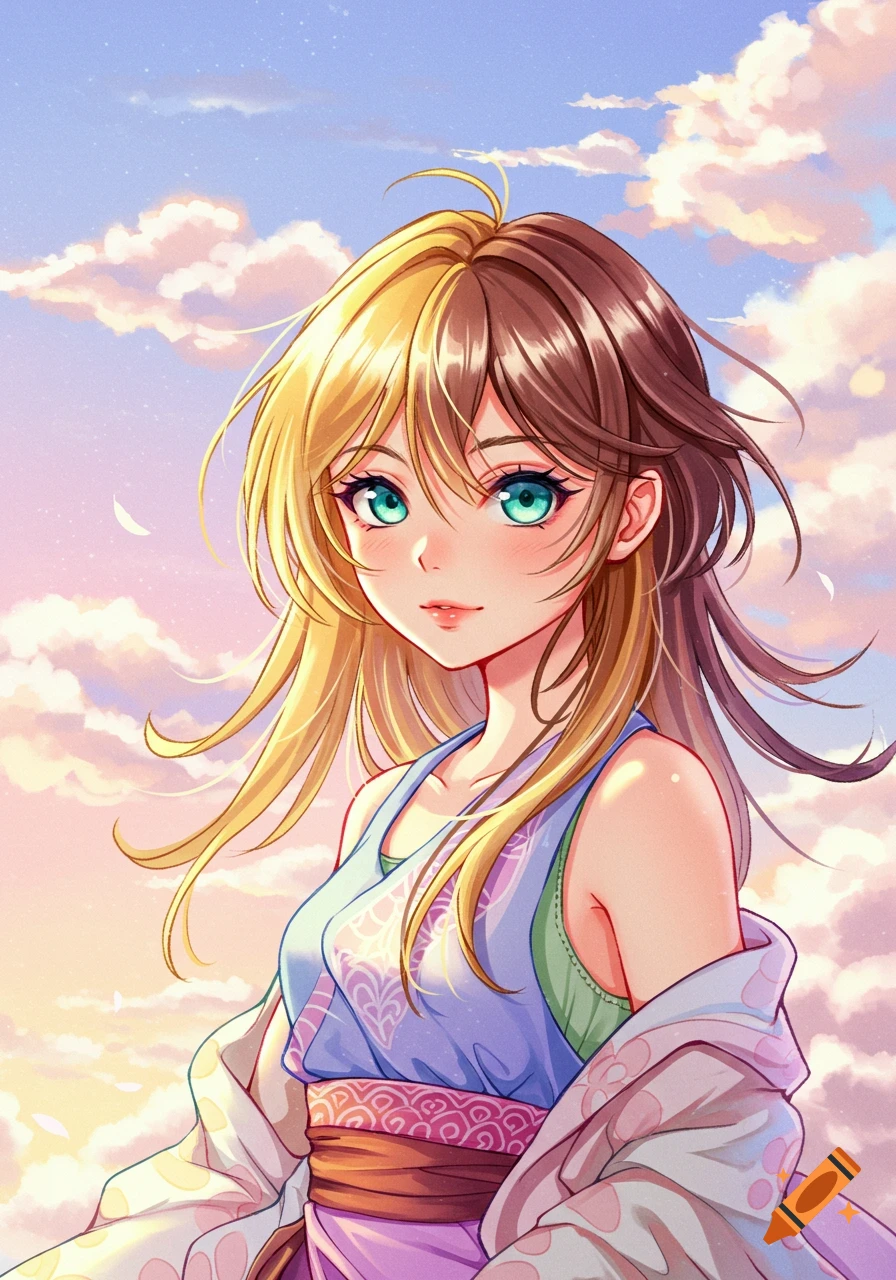 Anime illustration of a girl with blonde and brown hair and blue-green eyes, wearing traditional attire against a cloudy, pink and blue sky.