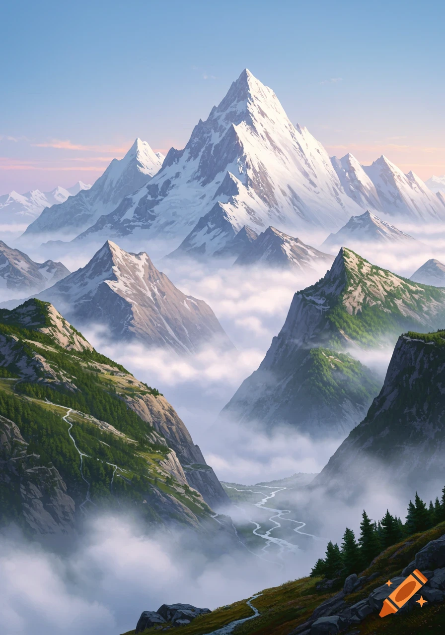 A scenic view of majestic snow-capped mountains rising above a valley filled with clouds, with green slopes and a winding river.