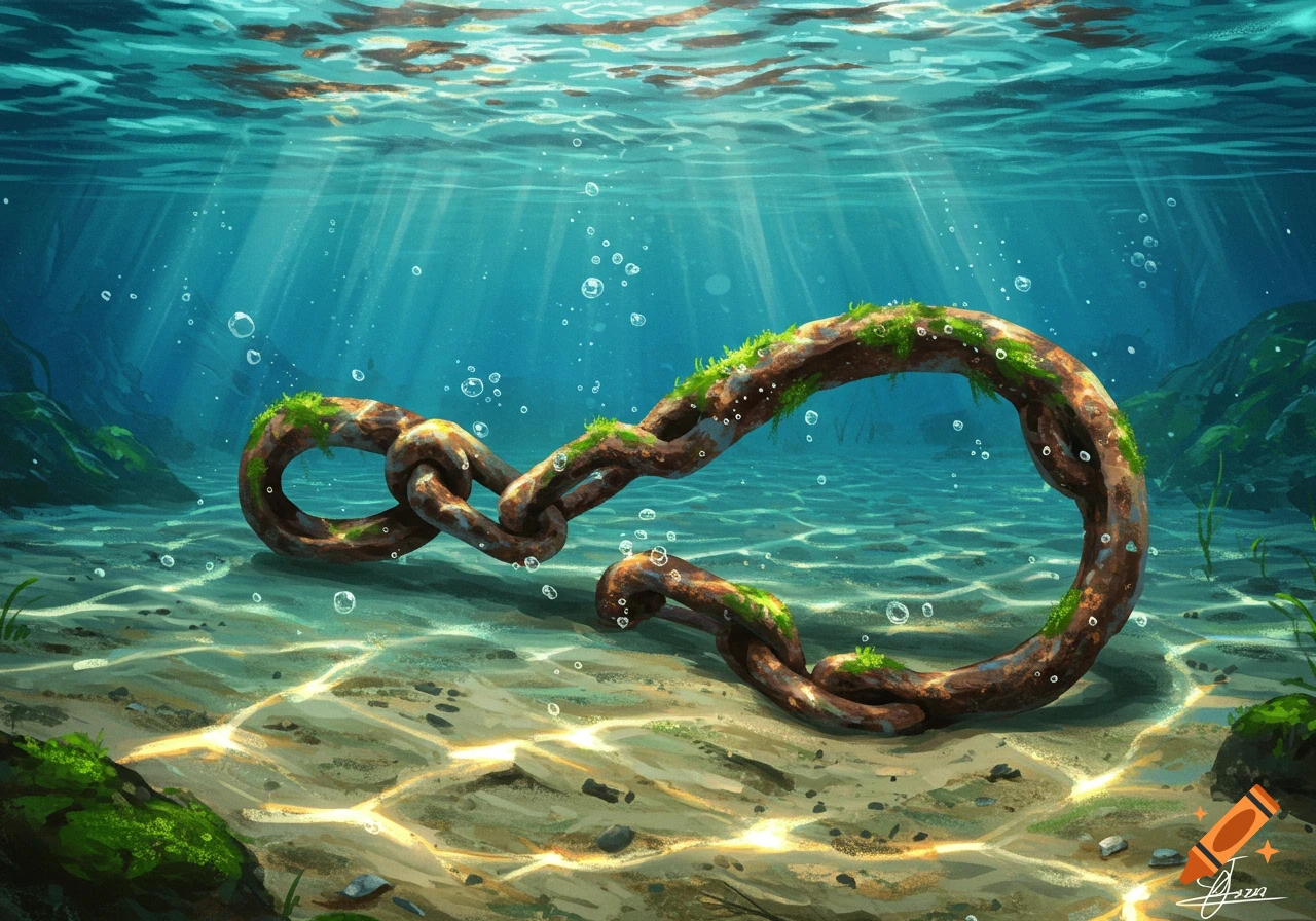 A rusty, moss-covered chain forming an infinity symbol rests on a sandy seabed in clear blue water, with sunlight streaming down.
