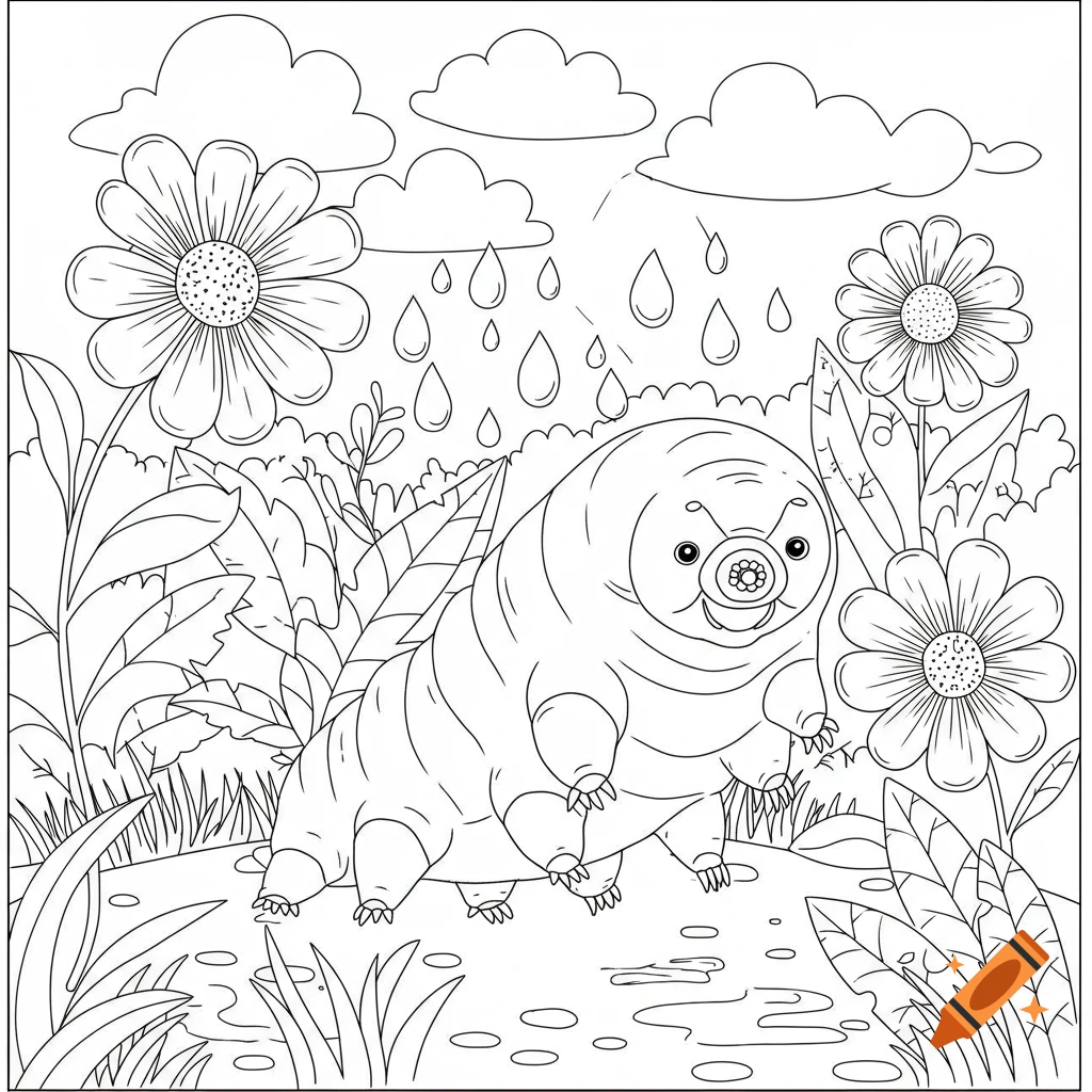 Black and white line art coloring page of a cute tardigrade walking through a garden as rain falls from clouds onto flowers and plants.