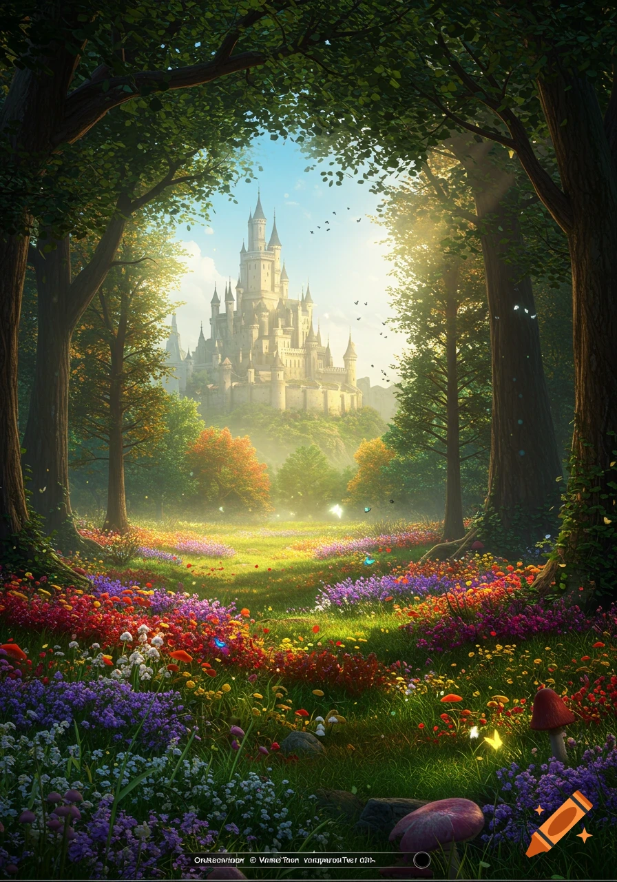 A fantasy landscape with a grand, light-colored castle on a hill, framed by tall green trees and a meadow full of colorful wildflowers.