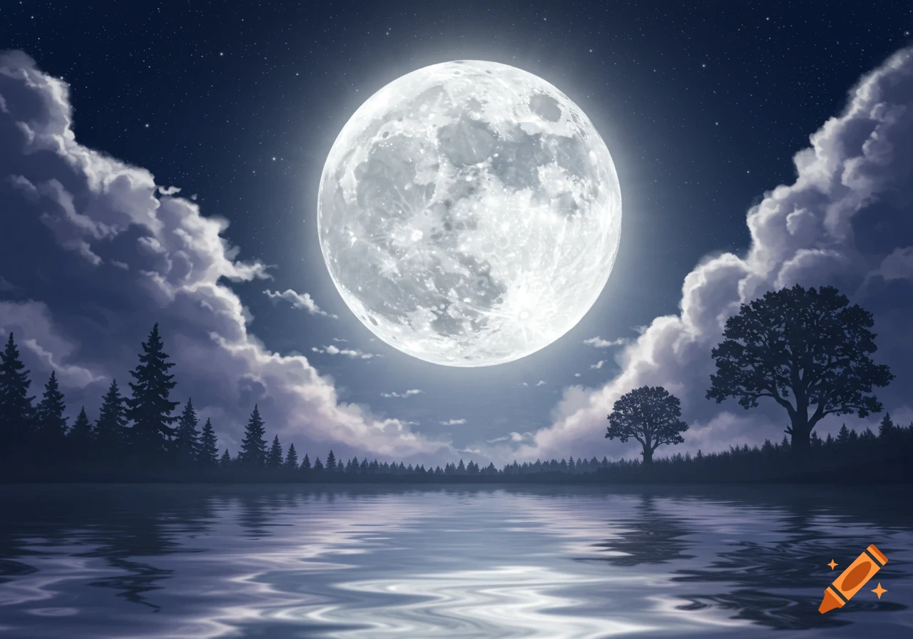A full moon brightly illuminates a reflective lake and silhouetted forest under a starry night sky.
