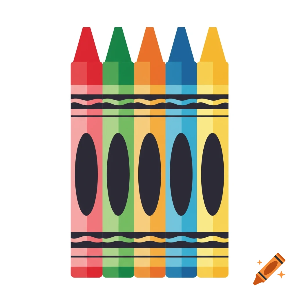 A flat illustration of five colorful crayons in red, green, orange, blue, and yellow, arranged vertically.