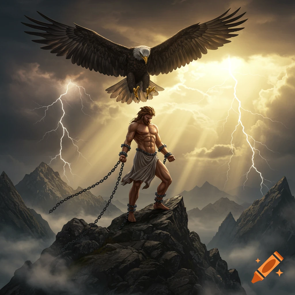 A muscular, chained man stands on a rocky mountain peak as a bald eagle soars above, surrounded by a stormy, lightning-filled sky.