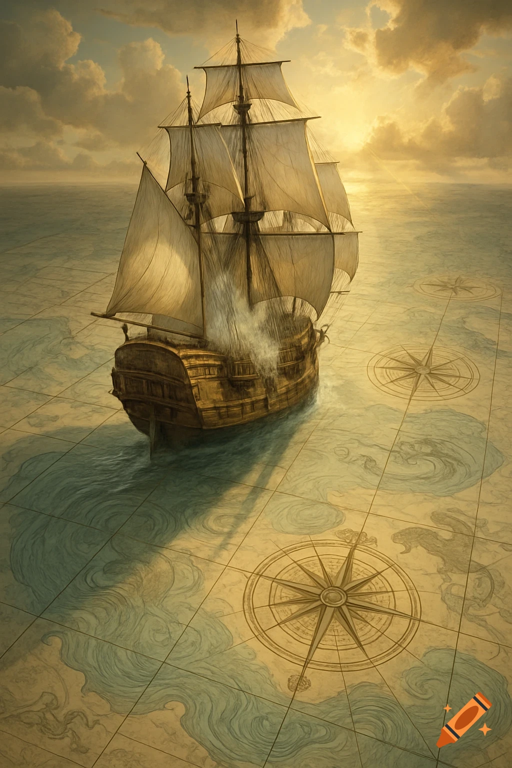 Antique sailing ship navigating across a stylized ocean map with compass roses under a dramatic, sunlit sky.
