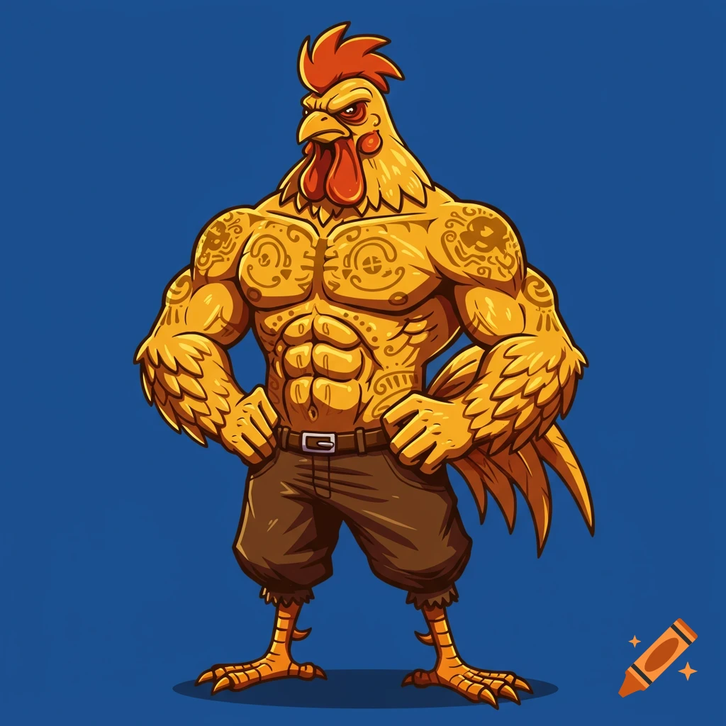 Muscular, stylized cartoon rooster with a red comb and wattle, wearing brown pants, with tribal tattoos on a blue background.