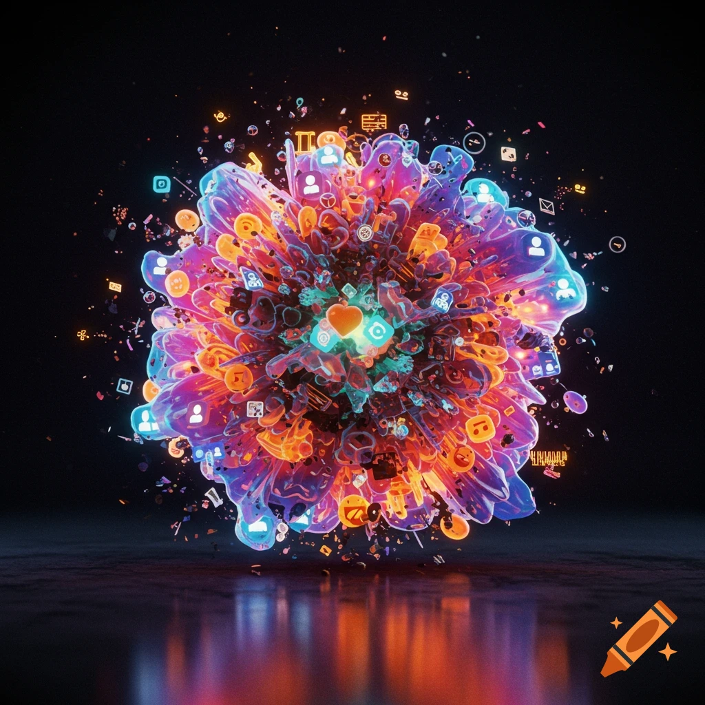 Vibrant, glowing abstract explosion of colorful social media and digital icons on a dark background with reflections.