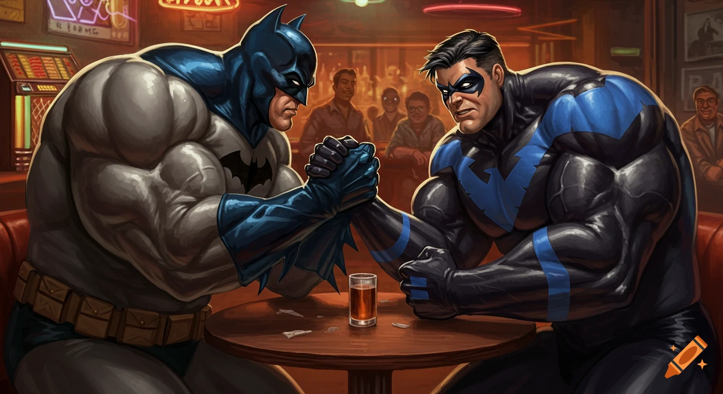 Batman and Nightwing, in heavily muscled suits, arm wrestle intensely at a wooden bar table with a small glass, while patrons watch in the background.