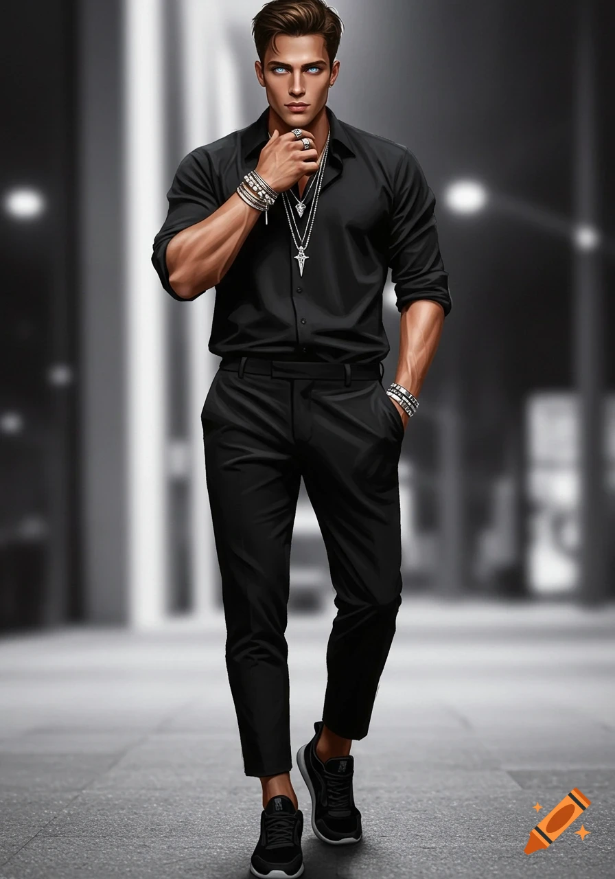 A stylish man in a black shirt and pants, adorned with bracelets and necklaces, with striking blue eyes, walks on a city street.