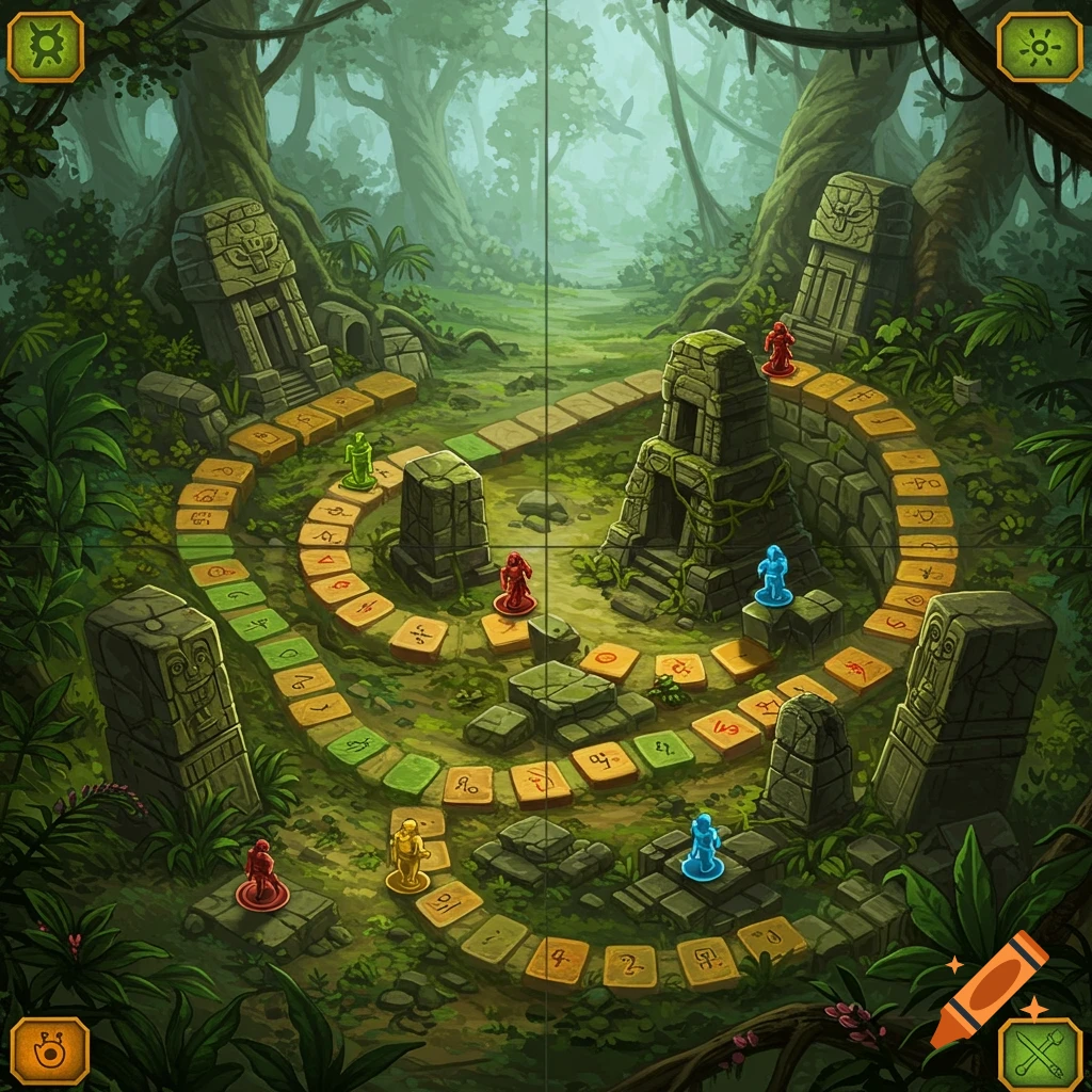 A vibrant fantasy board game in a lush jungle with ancient stone ruins and player pawns on marked path tiles.