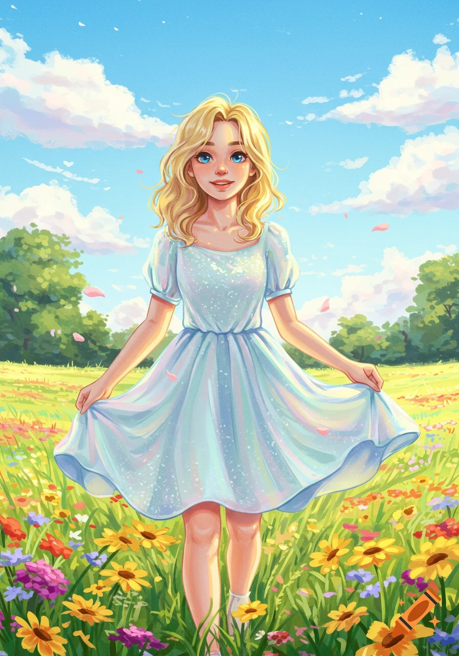 A stylized illustration of a young blonde girl in a light blue dress standing in a field of colorful wildflowers under a bright blue sky.