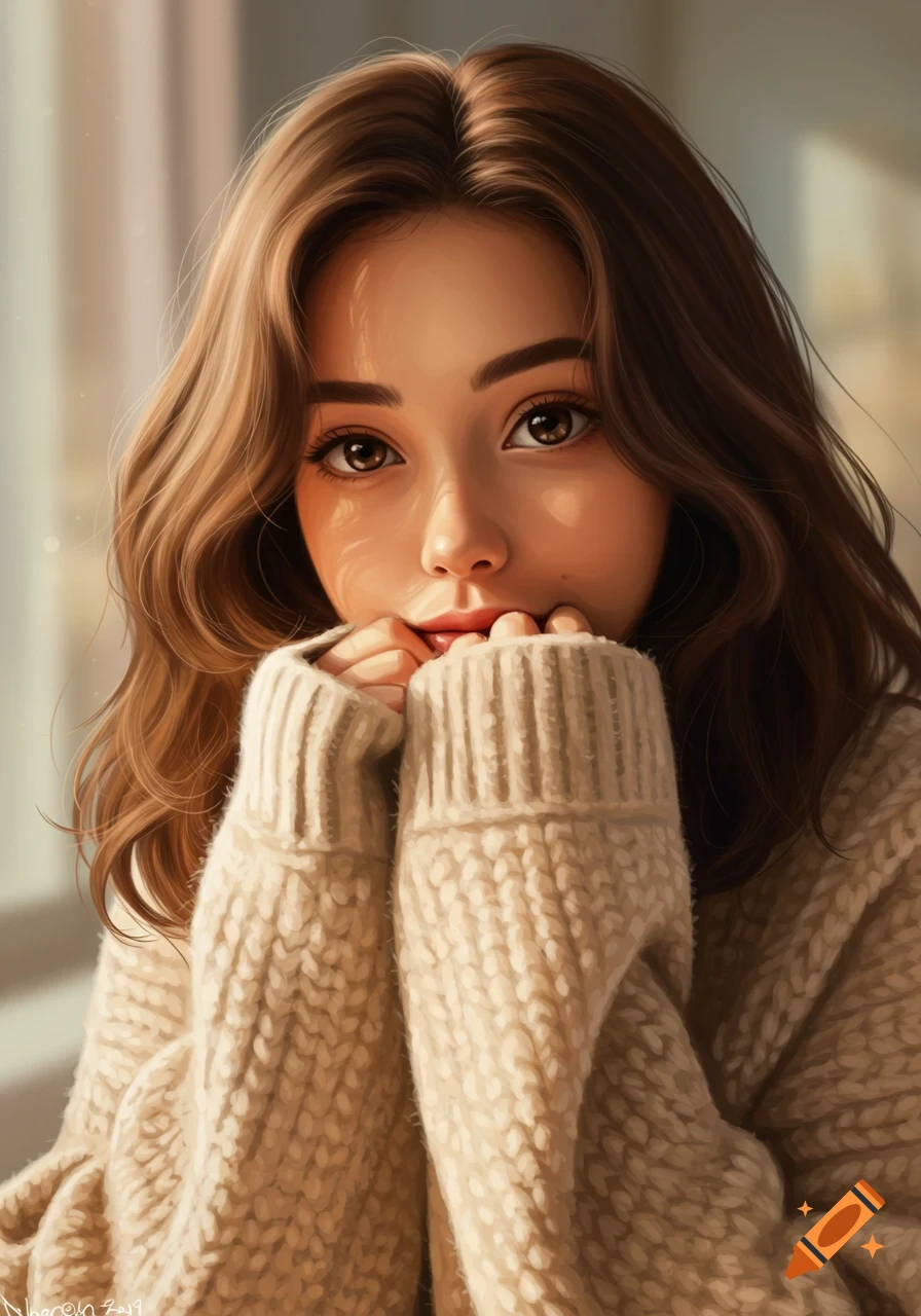 A digital painting of a young woman with brown wavy hair and brown eyes, wearing a light-colored chunky knit sweater, looking dreamily into the camera.