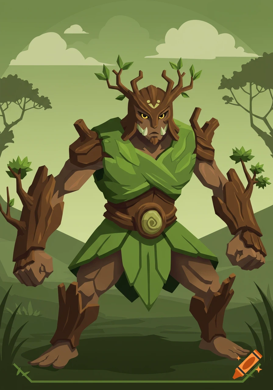 A cartoonish tree-like warrior character with green leaf armor and a tree-stump helmet stands in a green landscape.