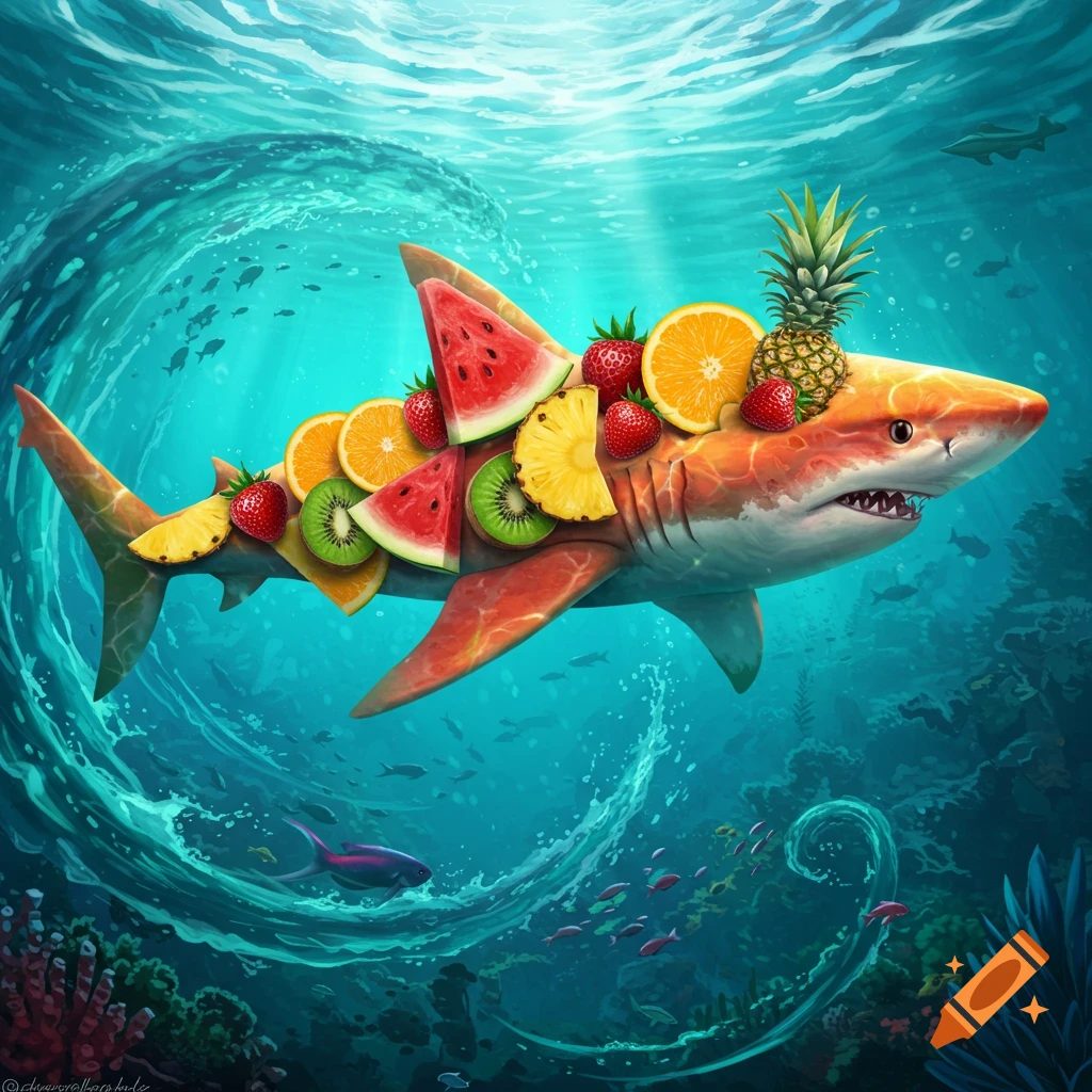 A vibrant illustration of a shark swimming underwater, its back covered with slices of watermelon, orange, kiwi, pineapple, and strawberries.